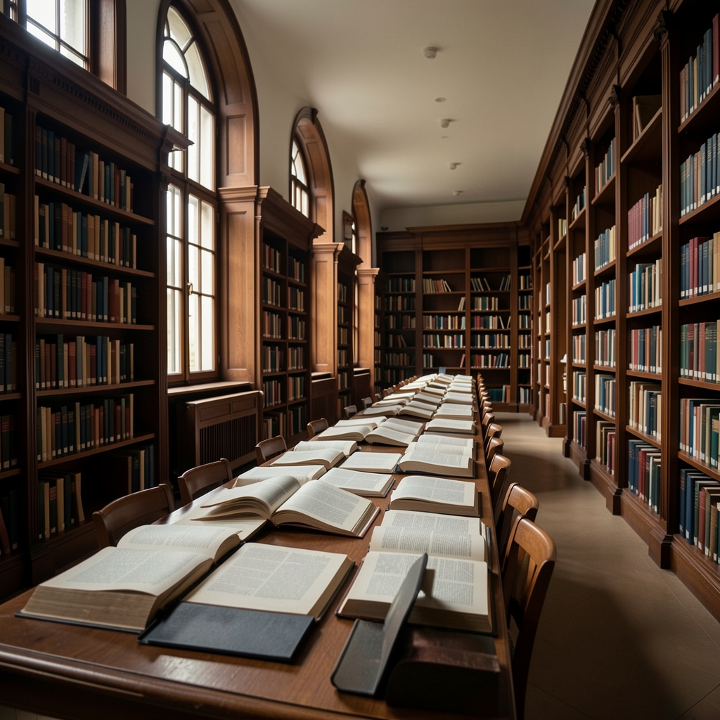 Großzügige Bibliothek mit hohen Bücherregalen aus dunklem Holz, gedämpftes Licht aus hohen Fenstern fällt auf offene Bücher auf einem langen Lesesaaltisch, ruhige wissenschaftliche Atmosphäre