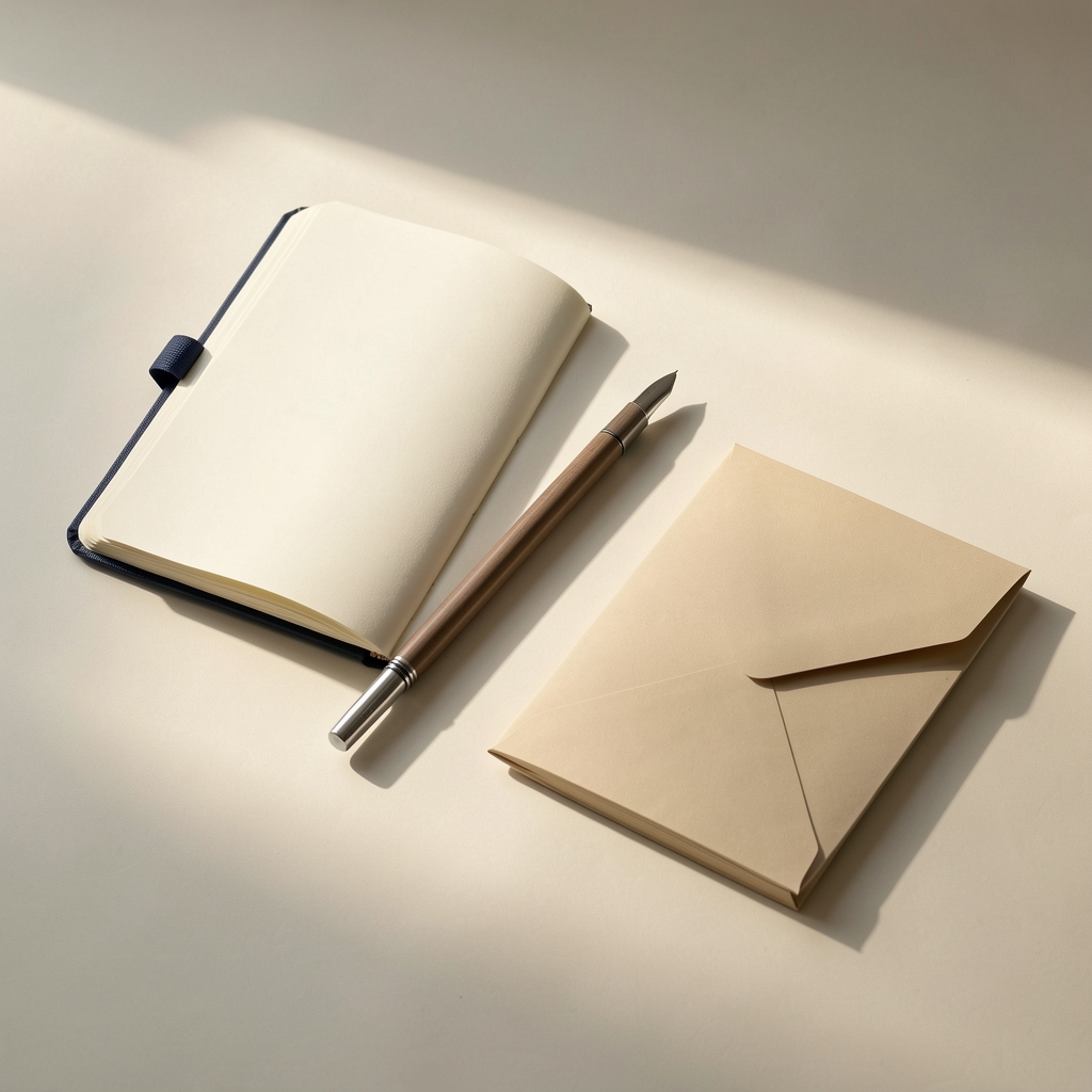 Ruhiger Schreibtisch mit geöffnetem Notizbuch, einem Stift und einem geschlossenen Umschlag auf hellem Papier, sanftes Seitenlicht erzeugt elegante Schatten