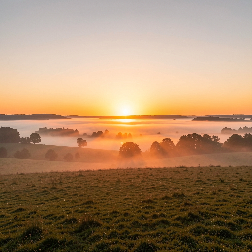 Weites, ruhiges Naturpanorama bei Sonnenaufgang mit warmem orangenem Licht am Horizont, das durch leichten Bodennebel bricht und ein Gefühl von Weite und Erkenntnis vermittelt