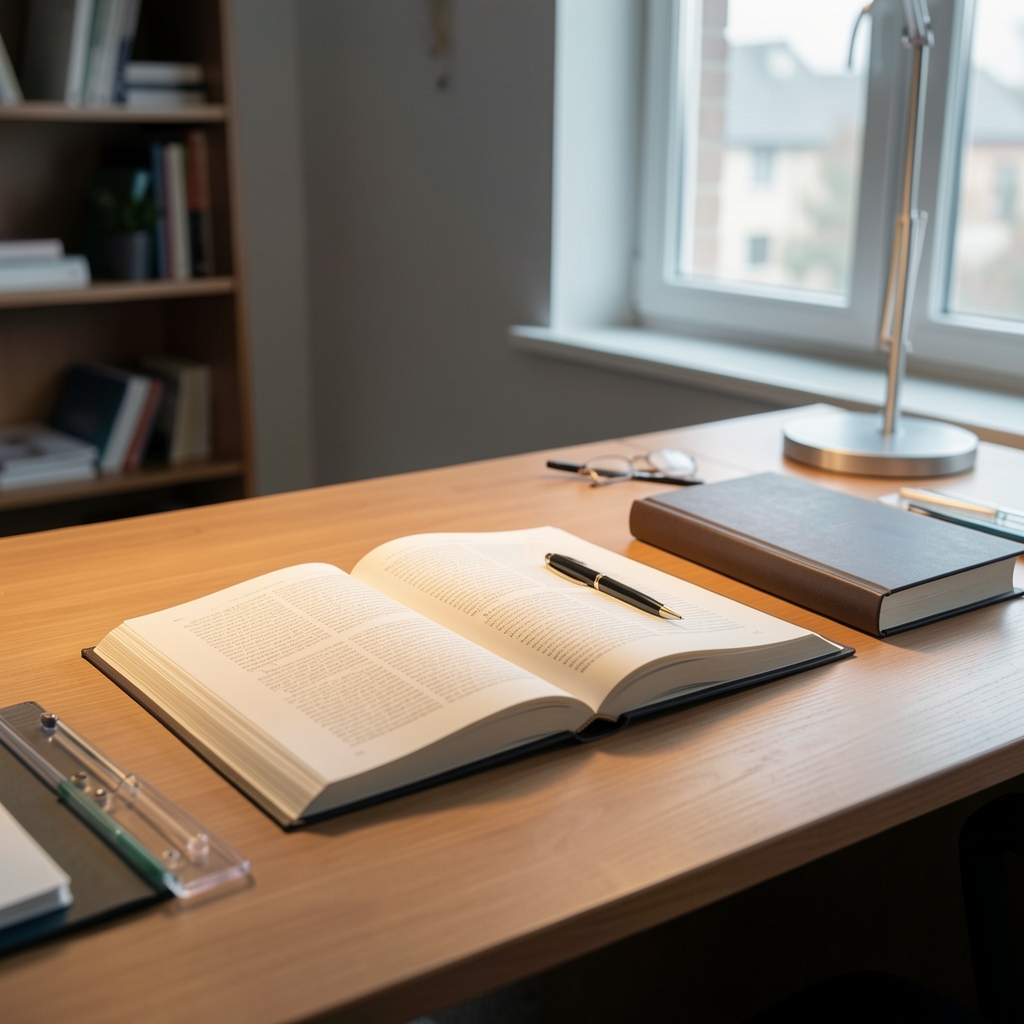 Aufgeschlagenes Fachbuch auf einem Schreibtisch mit einem zweiten Buch daneben, weiches Schreibtischlicht beleuchtet die Seiten, ruhige Atmosphäre wissenschaftlicher Recherche
