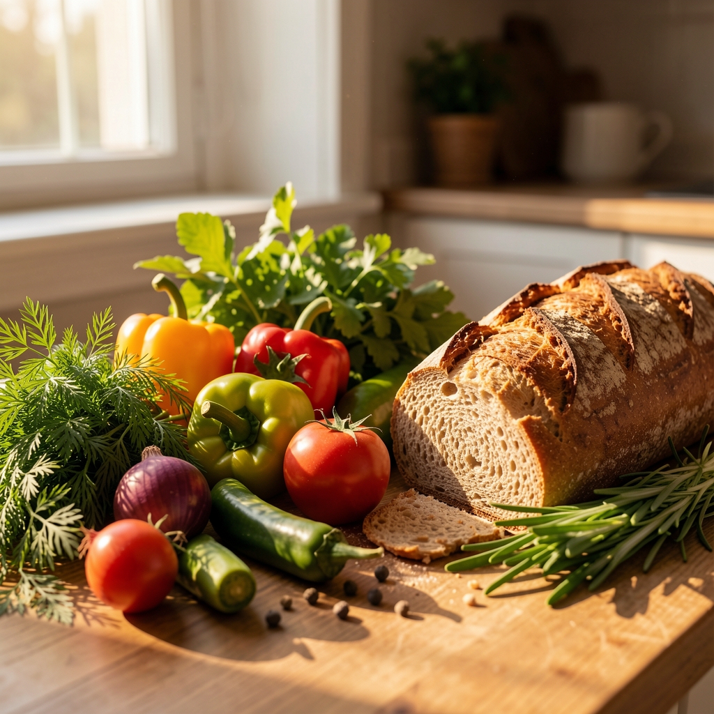 Rustikaler Holztisch am Morgen mit frischen Gemüsesorten, Kräutern und Vollkornbrot in warmem, seitlichem Sonnenlicht, das tiefe Schatten und natürliche Texturen betont