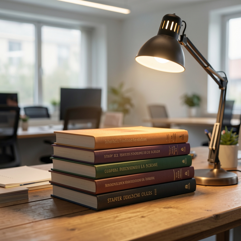 Stapel wissenschaftlicher Bücher auf einem Holztisch unter dem warmen Lichtkegel einer Schreibtischlampe, im Hintergrund weich unscharf ein ruhiges Büroumfeld