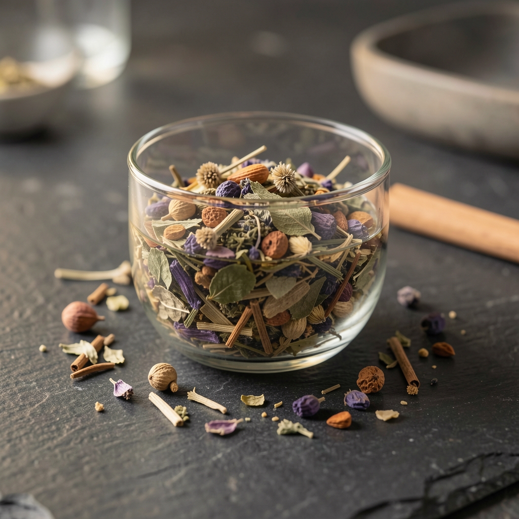 Dampfende Tasse Kräutertee mit getrockneten Kräutern und Gewürzen auf einem dunklen Steintisch, umgeben von weichen Lichtreflexen und ruhiger Atmosphäre
